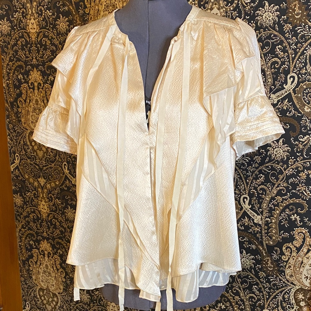 BCBG Max Azria 100% Silk Ruffle Layered Ribbon Blouse XS Ivory